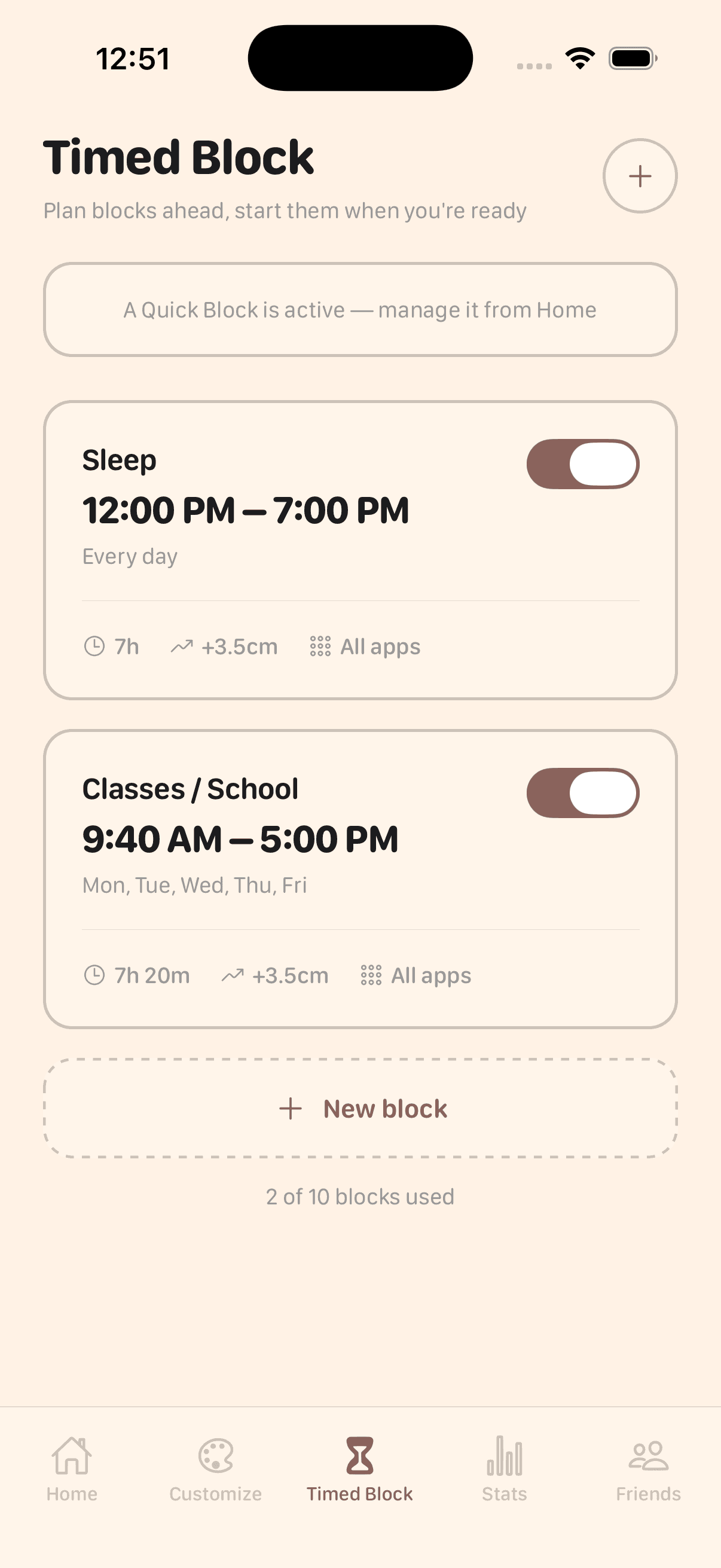 The New Timed Block sheet in the Marshmallow app: a Deep work label, blocked apps, a Deep Focus toggle, a day picker, and start and end time wheels.